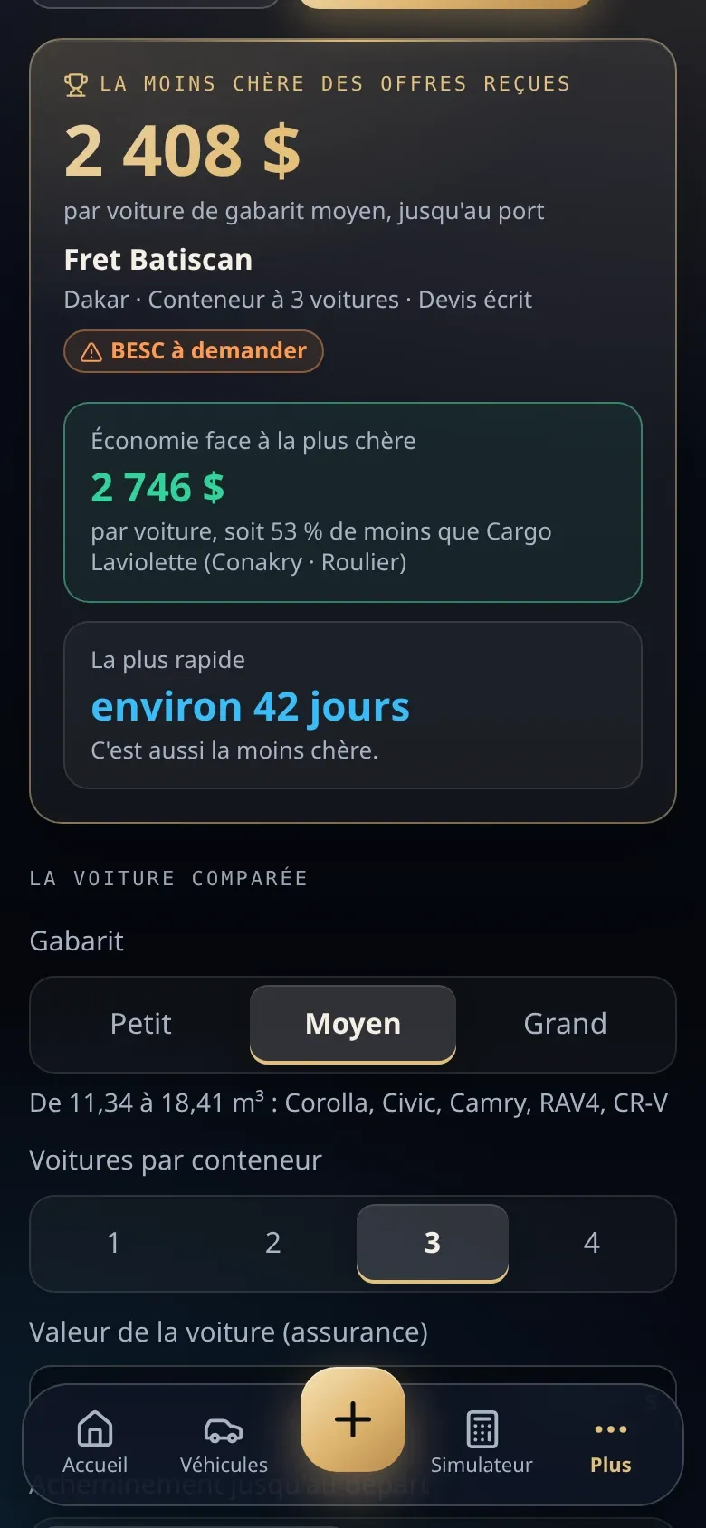 Comparateur des transitaires : la moins chère des offres reçues, l'économie face à la plus chère, la plus rapide.