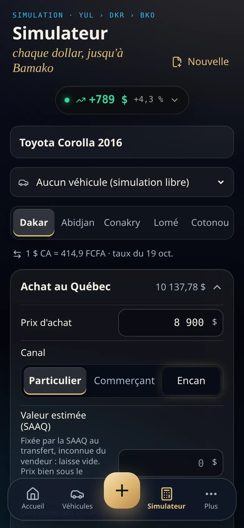 Simulateur de Corridor : une Toyota Corolla 2016 fictive, la marge estimée et le détail de l'achat au Québec.